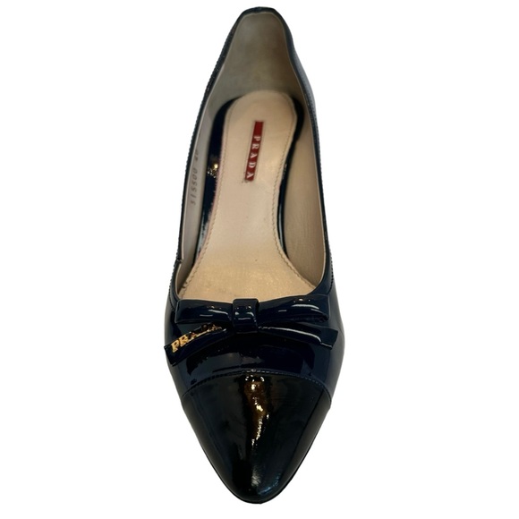 Prada Patent Leather Heels Blue Black Pointed Toe Bow Accent Size EU IT 40 US 10 - Picture 3 of 17